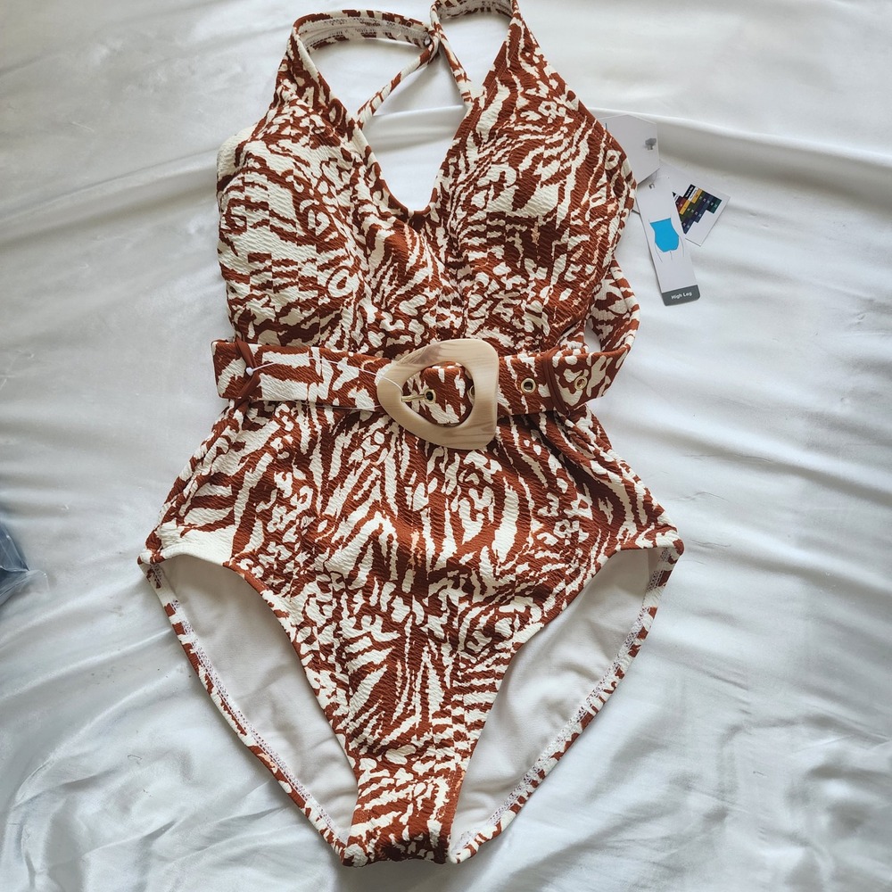 Time and‎ Tru Women Rust White Animal Print Belted One Piece Swimsuit Size S 4-6